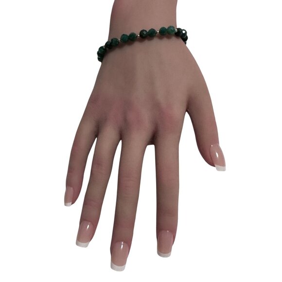 Emerald Micro Faceted Gemstone Beaded Stretch Bracelet 14K Gold Accent Beads - Picture 7 of 8